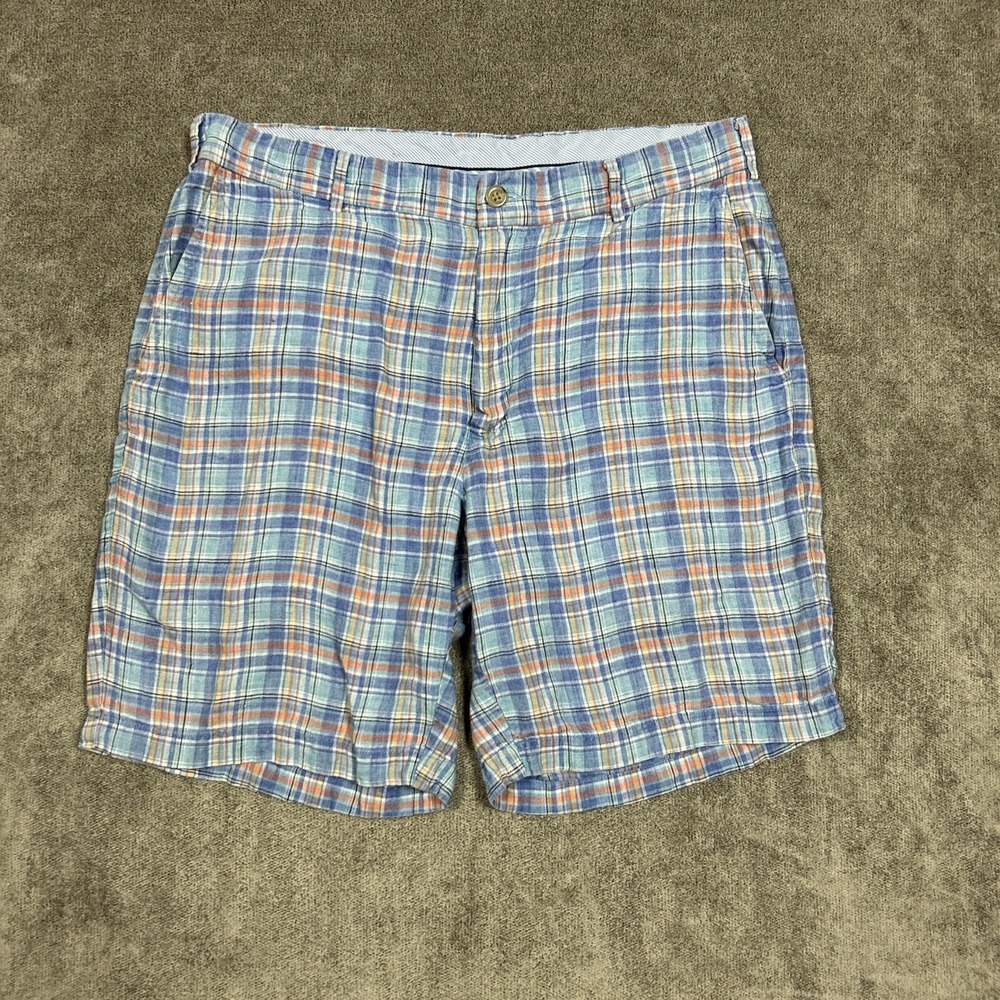 Peter Millar Shorts Mens 100% Linen Chino Sz 33 Multicolor Check 8" Inseam